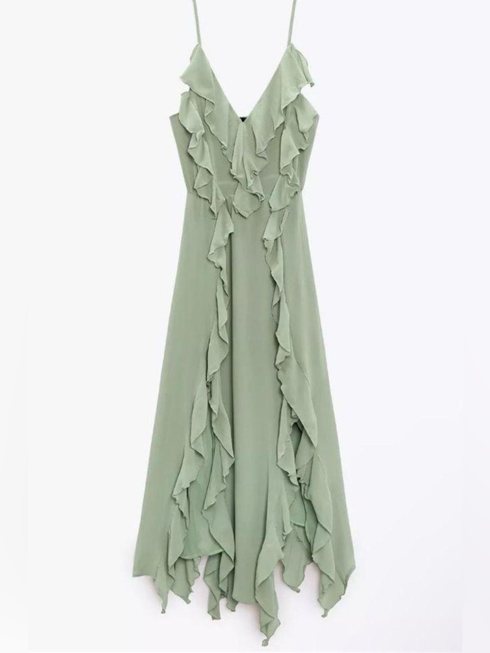 Zara Sage Green Ruffle V-Neck Maxi Dress